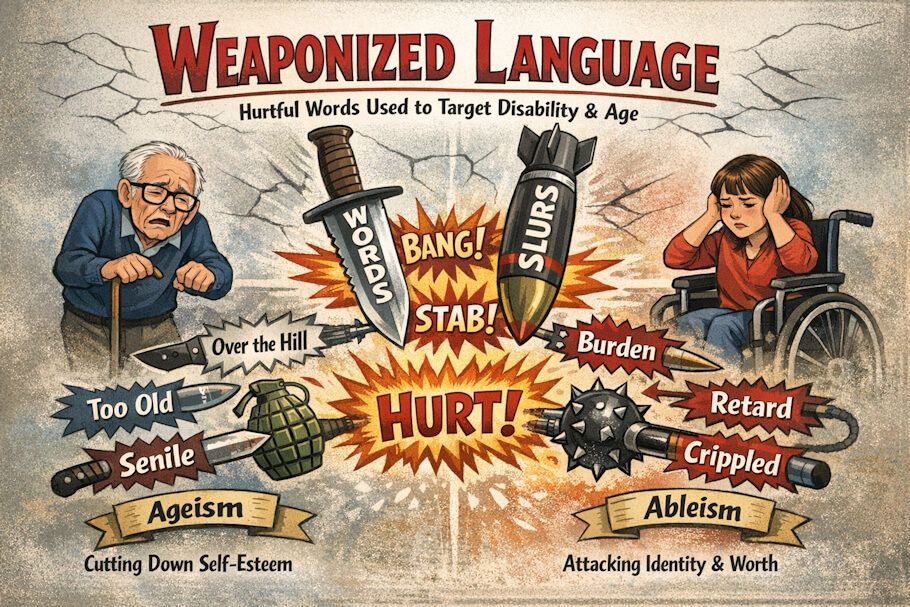 DisabledWorld's tweet photo. Weaponized Language: How Words Harm Vulnerable Groups - #Language shapes reality in ways most people never stop to consider - until the words are aimed at them. This paper pulls back the curtain on #weaponizedlanguage, a pervasive yet often invisible force that degrades, silences, and #marginalizes people across every walk of life, with a particular focus on #seniors and individuals with #disabilities who bear some of its heaviest costs in #healthcare settings, government systems, and daily interactions that most of us take for granted - https://t.co/2icpPmk3EX