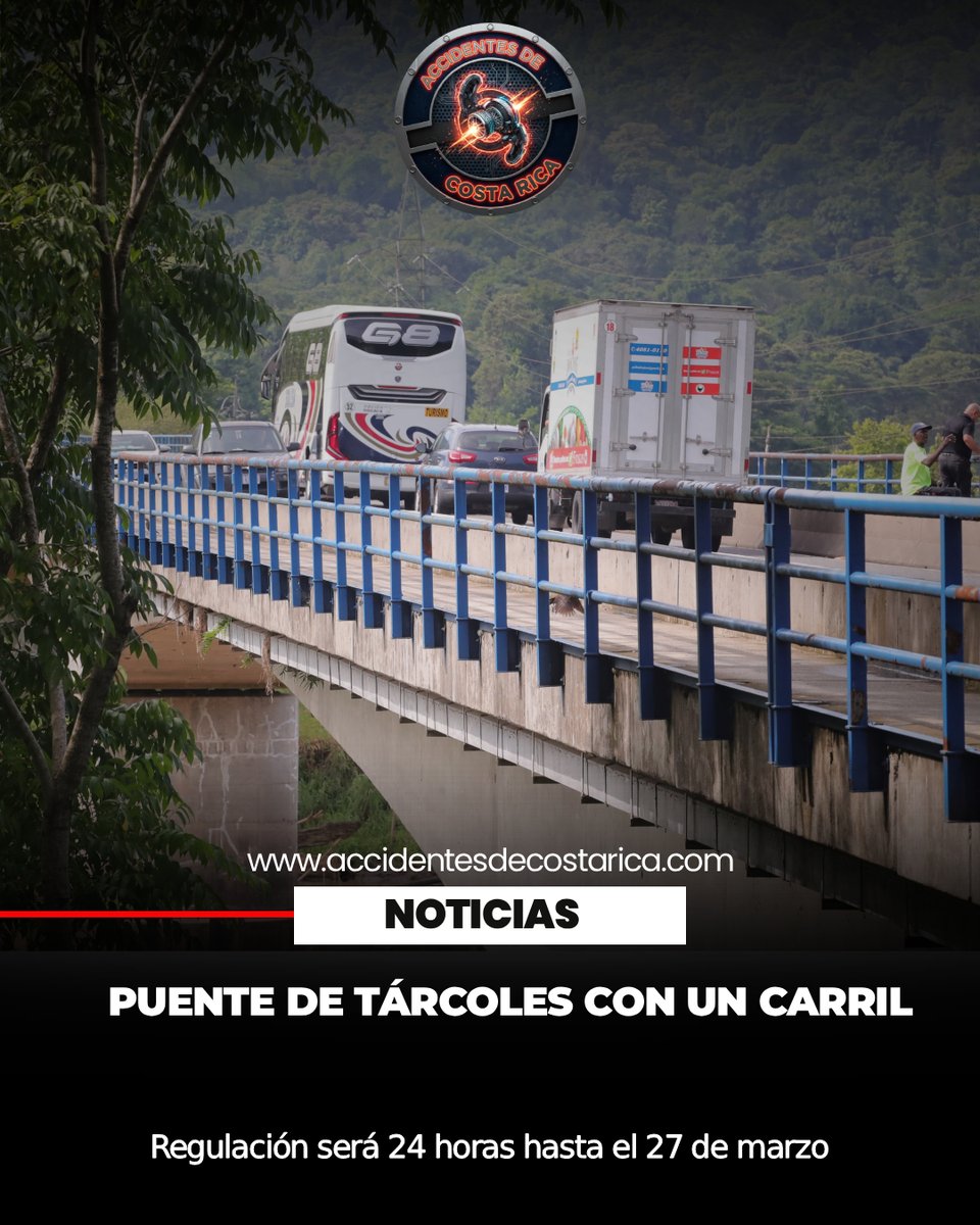 Puente del río Tárcoles operará con un solo carril durante un mes por trabajos de rehabilitación.

👉👉accidentesdecostarica.net/puente-del-rio…