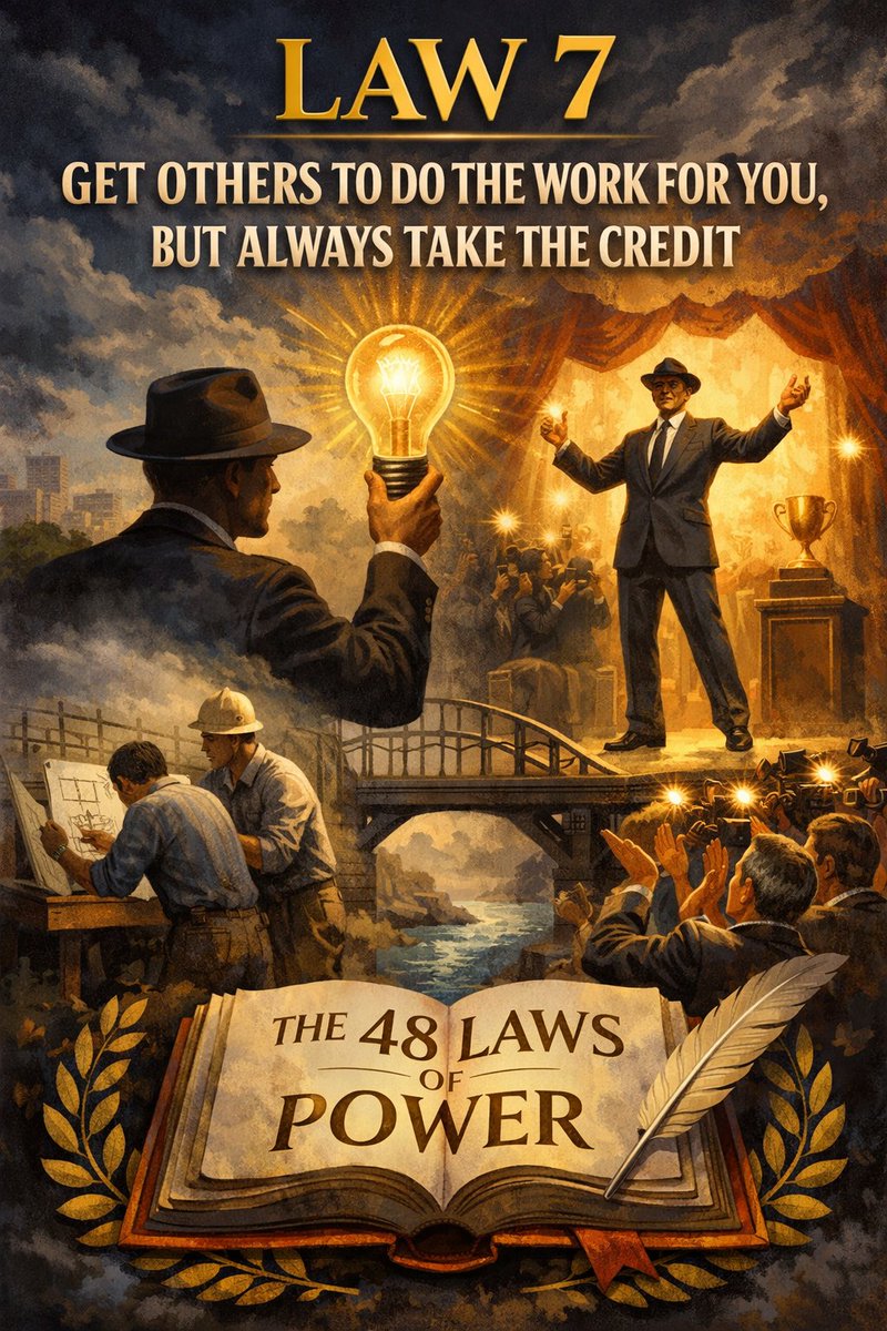 The 48 Laws of Power

Law #7. Get Others to Do the Work for You. Always Take the Credit.

This Law #7 says that you should use peoples skills and time to help you build your power but you have to make sure that people remember your name. It is not about being lazy it is about