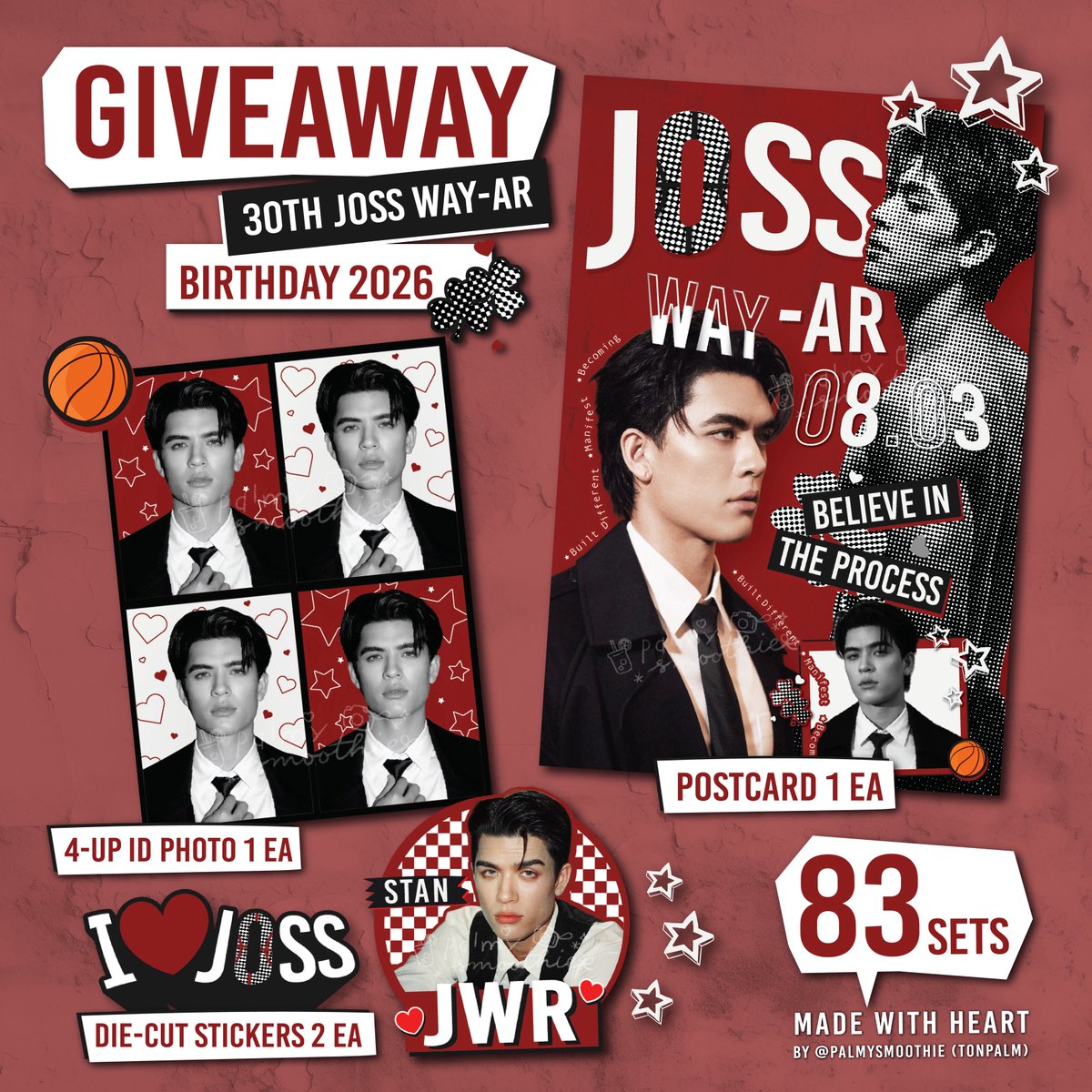 ‧₊ Giveaway #30thJOSSBirthdayProject2026 🐻❤️

🏁🍀— 83 sets
  ♡ postcard 1 ea
  ♡ 4-up id photo 1 ea
  ♡ sticker die-cut ( hologram ) 2 ea

date : mar 7, 2026
location : auditorium, building 7
@ bophit phimuk mahamek, RMUTK

📩 exchange pls dm ❤︎

<a href="/Josswayar/">JWR</a> ⟡ #JossWayar