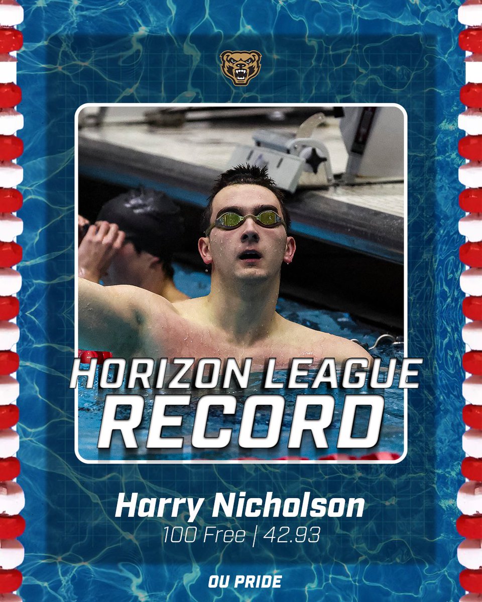 OAK_Swim_Dive's tweet photo. The man is just NONSTOP ๐คฏ
Harry sets a new record in prelims for the SECOND day in a row, making the new Horizon League 100 free time 42.93 ๐จโ๏ธโ๐ฅ
#UnleashTheGrizz | #OUPRIDE https://t.co/5T8uyLvo3F