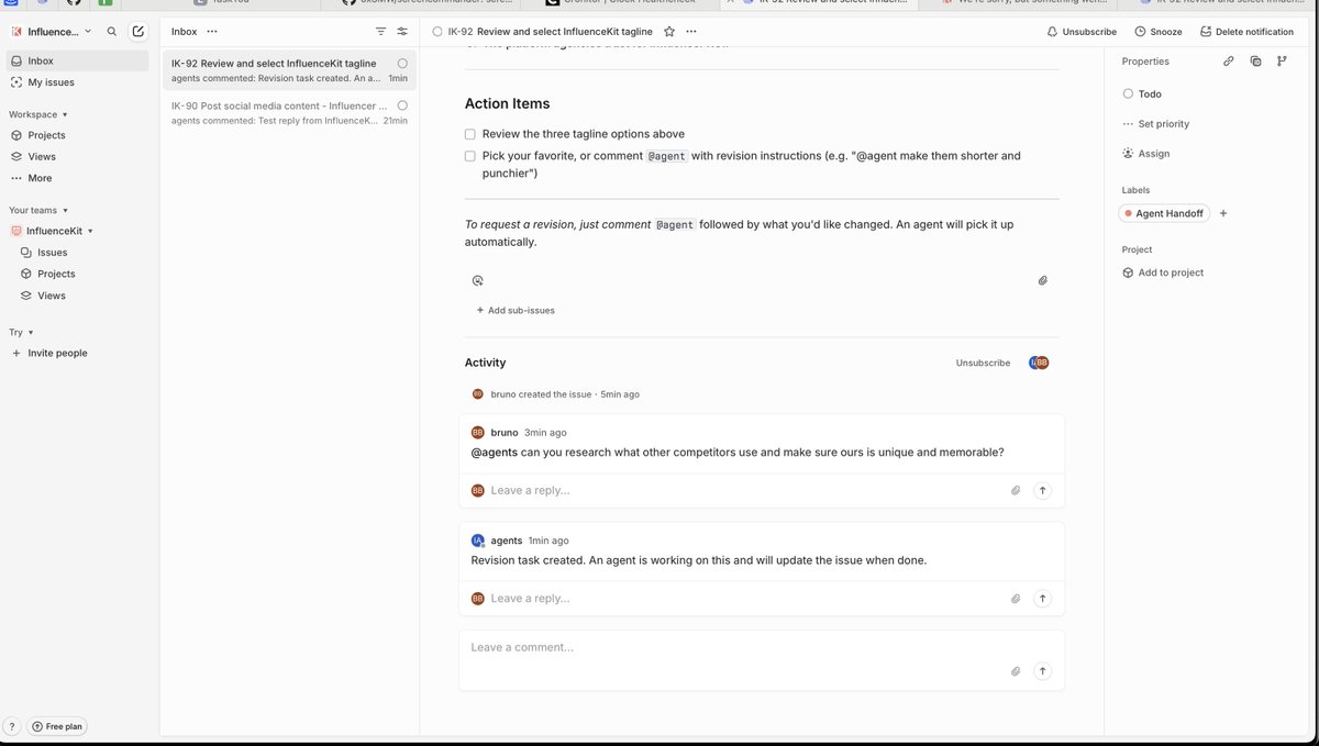 brunotorious's tweet photo. Hand off between agent teams and humans is super important. 

I'm using @linear. When my @taskyoudev agents for @getinfluencekit need me to review a task or *do* something that they can't do, they hand it off in Linear. https://t.co/Feuo56EaF0