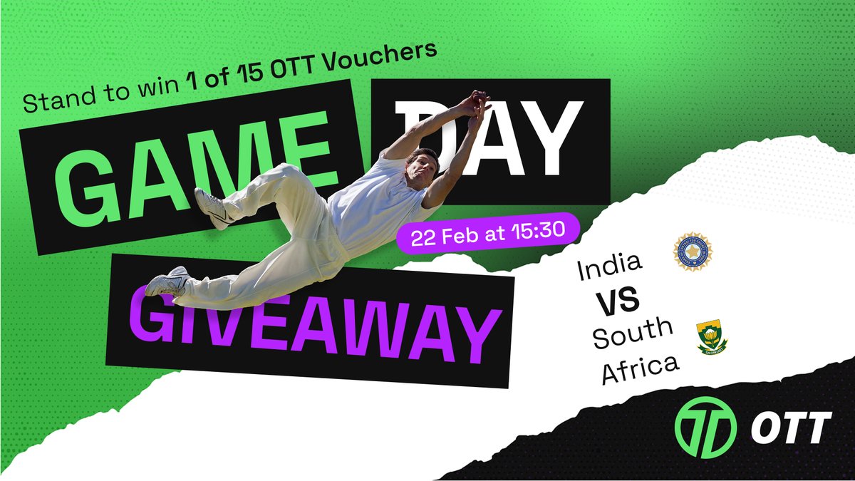 India VS South Africa     – who will dominate the field this weekend? 🔥
 
Win 1 of 15 #OTTVoucher! 🎉 Predict the winner for a chance to be one of 10 winners, plus 5 more winners will be chosen from those who share this post! T&amp;Cs Apply: zurl.co/SFl9V.
 
Winners will