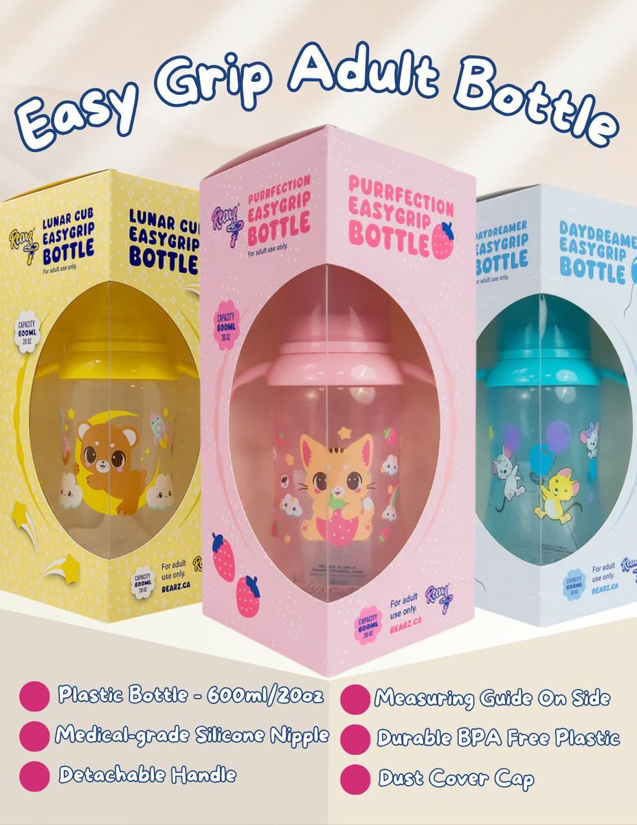 CrinkleKit's tweet photo. Easy grips with smooth sips 🍼
The Easy Grip Bottle is built for comfort and ease. From its fast-flow medical grade silicone nipple to its removable handle and roomy 600ml size 🧃 

Only $42 CAD
Check out all the colors &amp; designs here:
👉 https://t.co/IvHfMaaQE0

#ABDL #Ageplay https://t.co/IR8JcAHLoQ
