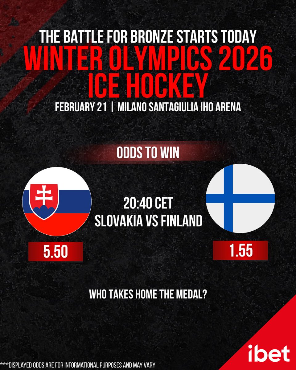 The battle for bronze medal glory is HERE. 🥉🔥

It’s Slovakia vs Finland in the Winter Olympics 2026 Ice Hockey Bronze Medal Game, a spot on the Olympic podium is on the line.

The stakes are set. The odds are live.

Back your team and check the latest odds &amp; betting markets
