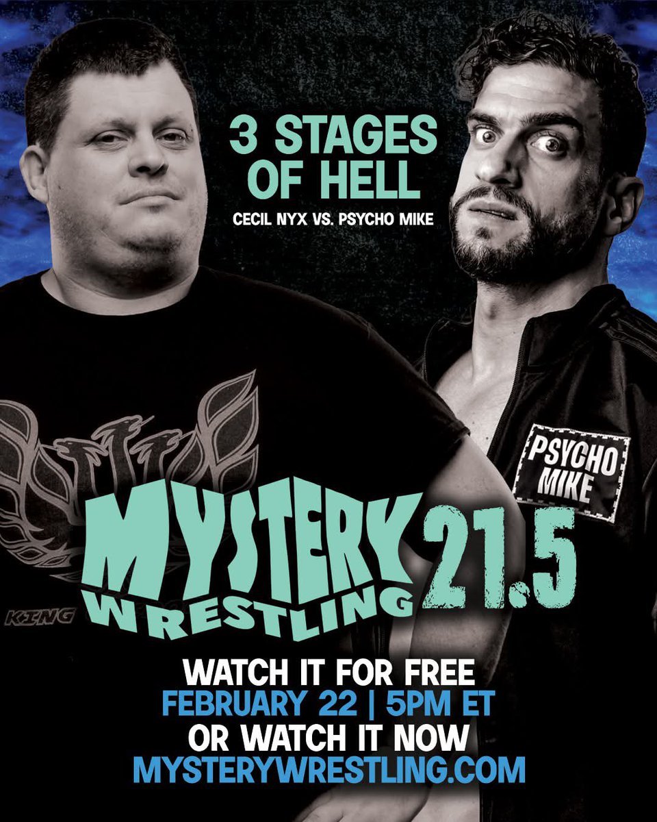 TOMORROW!

Watch #MysteryWrestling21andahalf LIVE and FREE at 5 PM ET on twitch.tv/eviluno &amp; youtube.com/@mysterywrestl…!

Psycho Mike vs. Cecil Nyx in 3 STAGES OF HELL!

Evil Uno &amp; Mark Andrews are on commentary!

London Lightning renegotiates his contract!

#MysteryWrestling
