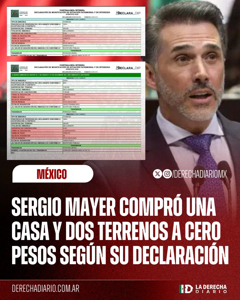 🇲🇽 | SÚPER GANGA: El diputado morenista Sergio Mayer, quien pidió licencia para participar en un reality show, adquirió una casa y dos terrenos de 1,100 metros cuadrados por un valor de cero pesos, de acuerdo con su declaración patrimonial reveló en una investigacón <a href="/jorgegogdl/">Jorge García Orozco</a>.
