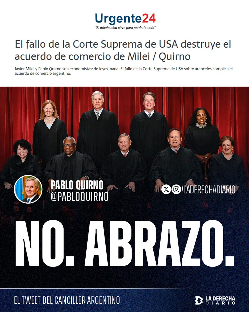 🚨🇦🇷🇺🇸 | "NO. ABRAZO": El canciller de Milei, Pablo Quirno, desmintió una fake news que afirmaba que "el fallo de la Corte Suprema de USA destruye el acuerdo de comercio" entre Argentina y Estados Unidos, sin ningún fundamento.