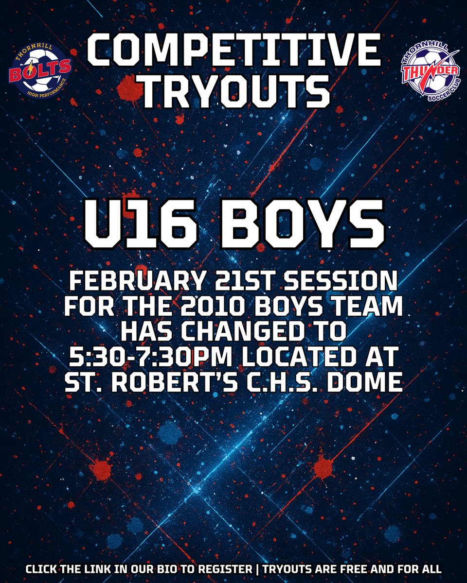 ThornhillSoccer's tweet photo. Changes made to the 2010 Boys Competitive Tryout Session.
We are excited to see you tonight ⚡️
If you are interested, you can also attend February 22nd between 2-3pm.
#TSCTogether https://t.co/FqpJd4qzzt