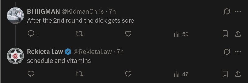 TheScarebro's tweet photo. Nick @RekietaLaw claims to be in such good physical condition that he can enjoy sex up to six times a day.
He attributes this to working from home. vitamins and "scheduling."
Can someone who hasn't sacrificed themselves to the Rekieta-block remind Nick and others he was taking the strongest ED medication, Rugiet, because alcoholism and cocaine addiction had rendered him impotent?