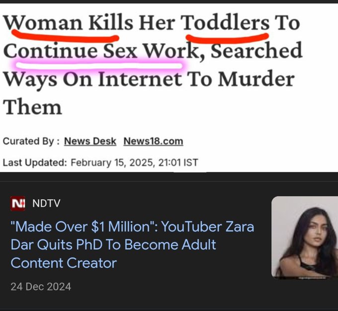 Women love Sex Work so much that they would

1️⃣. Leave careers they claim no one
        will ever be skilled enough to get
2️⃣. Quit PhD 
3️⃣. even kill their own children 

#ZaraDar
