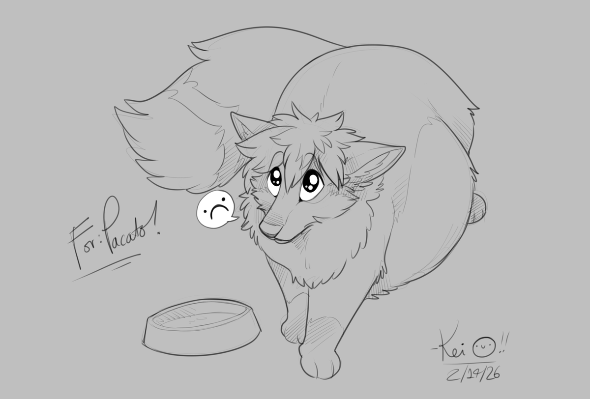 PacatoPace's tweet photo. Pacato tries his best to convince you he's actually wasting away, and wonders why his food bowl is always empty.  :(  

Doodle by @Keihound https://t.co/7KD2Dgh4HW