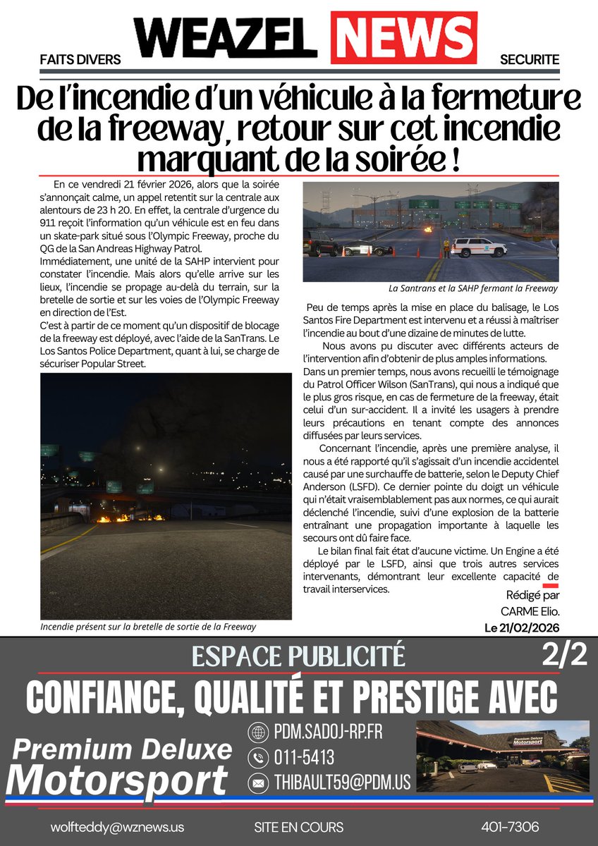WZN_SA's tweet image. 🟥 Un incendie accidentel paralise l’olympic freeway !

#IncendieSA #LSFD #Santrans #SanFire #SAHP #LSPD #LosSantos #LaMesa #SanAndreas #WeazelNews #SADoJ #SADoJRP