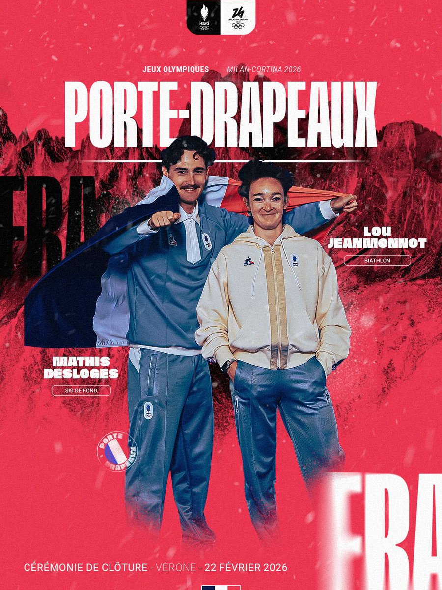 EquipeFRA's tweet photo. 🇫🇷 Lou Jeanmonnot 🥇🥇🥈🥉
🇫🇷 Mathis Desloges 🥈🥈🥈

Voici nos porte-drapeaux qui emmèneront notre Equipe de France à la cérémonie de clôture des Jeux Olympiques de #MilanoCortina2026 ✨

⏳ Rendez-vous demain à Vérone https://t.co/8uVYE4fpVE