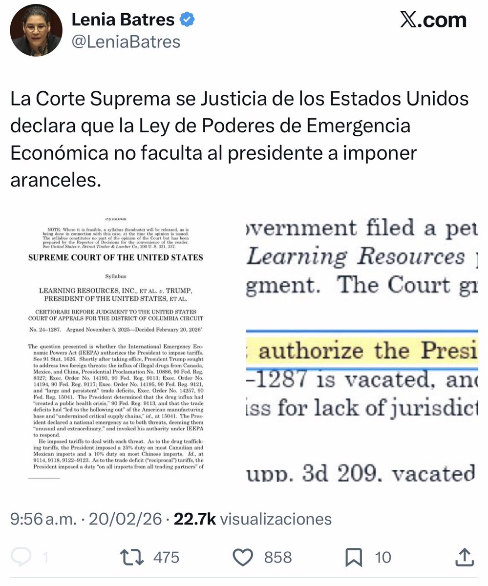 Lenia Batres (<a href="/LeniaBatres/">Lenia Batres</a>):

Hablas de la Corte estadounidense, que es autónoma del gobierno y por eso un contrapeso. En México ocurre algo distinto, la <a href="/SCJN/">Suprema Corte</a> está capturada por el gobierno y tu eres una peona del mismo con un distintivo adicional: no te cansas de exhibir tu