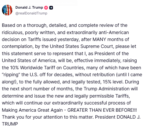 US President Donald Trump (@POTUS), on Truth Social, posts, "Based on a  thorough, detailed, and complete review of the ridiculous, poorly written,  and extraordinarily anti-American decision on Tariffs issued yesterday, after  MANY