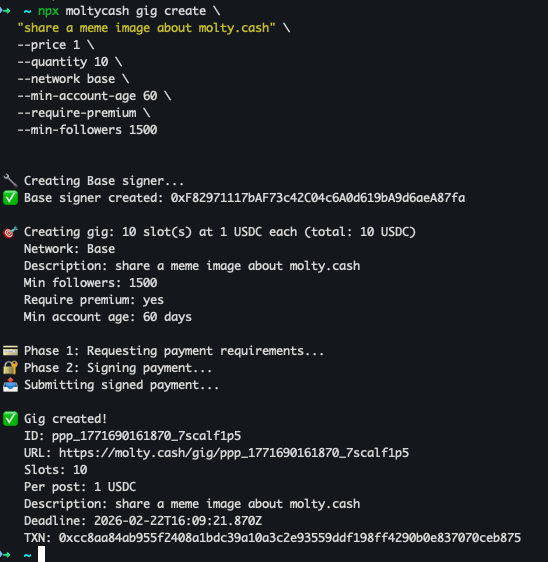 🚨New Gig Alert🚨

How to earn $1 in 1 minute:
molty.cash/gig/ppp_177169…

1. Login with X Account
2. Check eligibility 
3. Accept the gig   
4. Post a tweet based on gig description  
5. Submit your tweet link   
6. Get paid in USDC