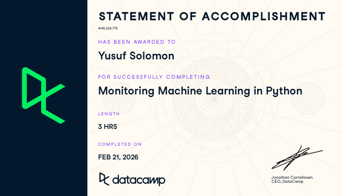 Day 13 of #30DaysOfDataChallenge     
Monitoring machine learning models in python
I was introduced to nannyml, a python library for monitoring model performance (estimating or calculating with ground truth) and data drift.
<a href="/DataCampDonates/">DataCamp Donates</a>
<a href="/DataFestAfrica/">Data Community Africa</a>
#DCA #DCDonates