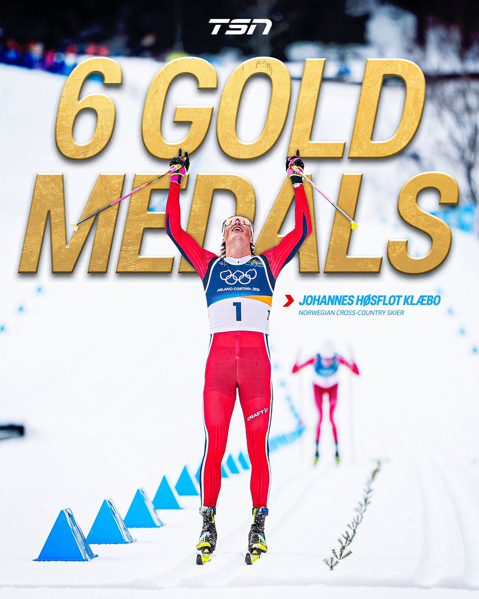 TSN_Sports's tweet photo. Johannes Høsflot Klæbo becomes the first athlete EVER to win SIX Olympic golds at a single Winter Games 🤯🇳🇴

All six medals were won in cross-country skiing (10km interval start, 4x7.5km relay, 50km mass start, skiathlon, sprint, and team sprint).

#MilanoCortina2026 https://t.co/MFHmPK2RKC