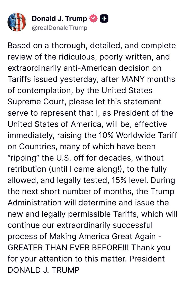 Mad King Donald has bumped up his new tariff from 10% to 15% in an overnight Truth Social temper tantrum.

Keep in mind: Section 122 does not in fact authorize him to do any of this, and will be challenged in court.