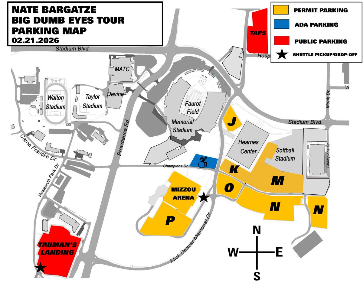 Know before you go to tonight’s <a href="/natebargatze/">Nate Bargatze</a> show at Mizzou Arena!

Parking is reserved in Lots J, K, N, O, P, and I. Shuttles will be running from the free parking lot in Truman’s Landing.

#MIZ 🐯