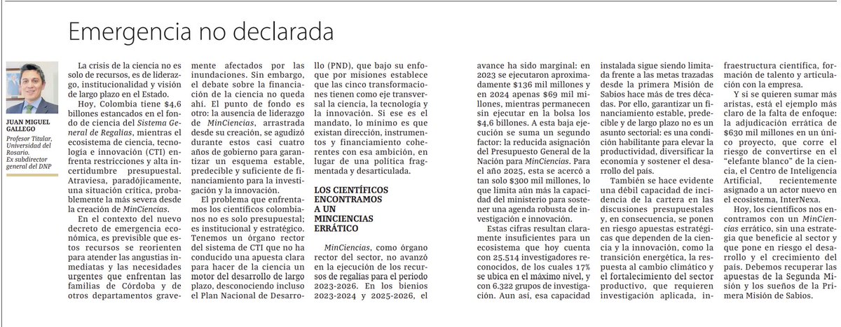 La ciencia en 🇨🇴 está en crisis por falta de liderazgo y gestión: $4,6 billones en regalías quietos, mientras el presupuesto 2025 cae a solo $300 mil millones. ¡Sin ciencia no hay futuro!
larepublica.co/analisis/juan-…