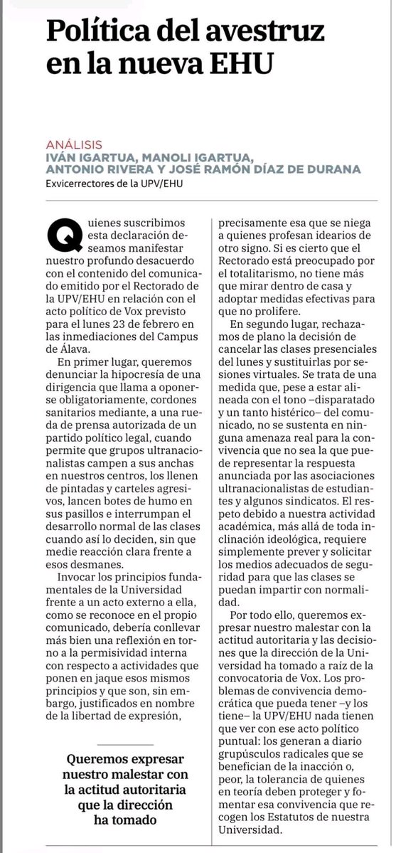 Un grupo de profesores de la UPV-EHU hemos suscrito este escrito para protestar por la medida inaudita que ya tomado nuestro Rectorado, mientras omite la más mínima referencia a quienes son los verdaderos responsables de los comportamientos antidemocráticos que sufrimos a diario.