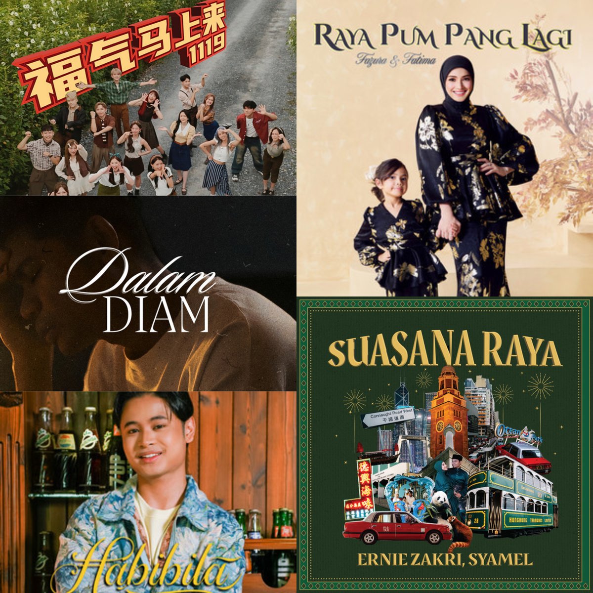 All #1 Malaysian songs on iTunes Malaysia Songs chart in 2026 so far:

1. 福气马上来 - 1119
2. Dalam Diam - Zynakal, Mojack Hafiz, Zamir Harith, Bel Janni
3. Habibila - Ikhmal Nour
4. Raya Pum Pang Lagi - Fazura &amp; Fatima
5. Suasana Raya - Ernie Zakri &amp; Syamel