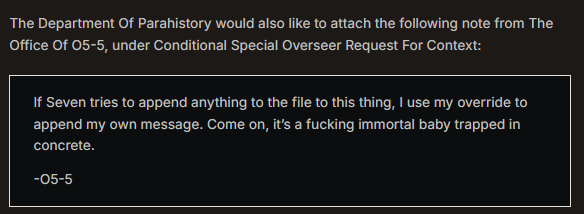 As a premise this is obviously really funny but I actually can't stand how these SCP articles are written