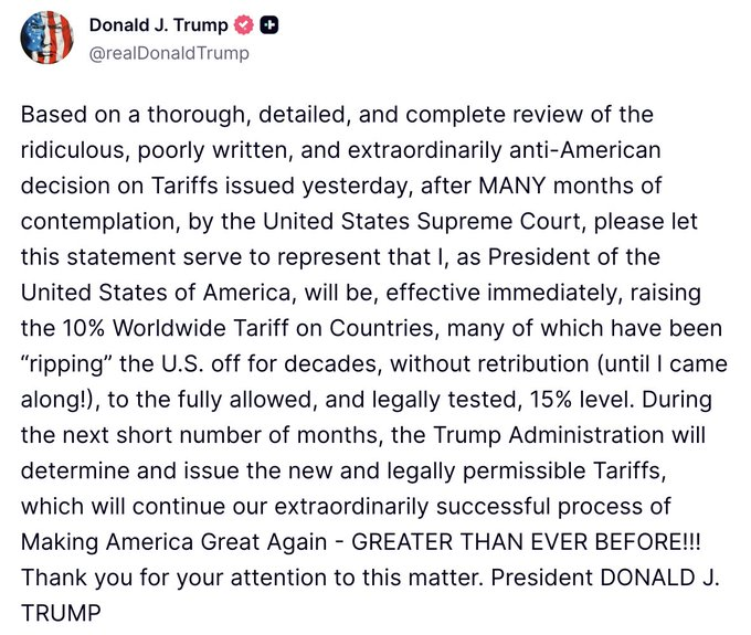 He’s openly ignoring the Supreme Court ruling. On top of that, this pretty much blows up every tariff agreement he’s signed over the past year. Not entirely sure one can even tell at this point which tariff applies to what. No hope the Congress will impeach him.

What now?