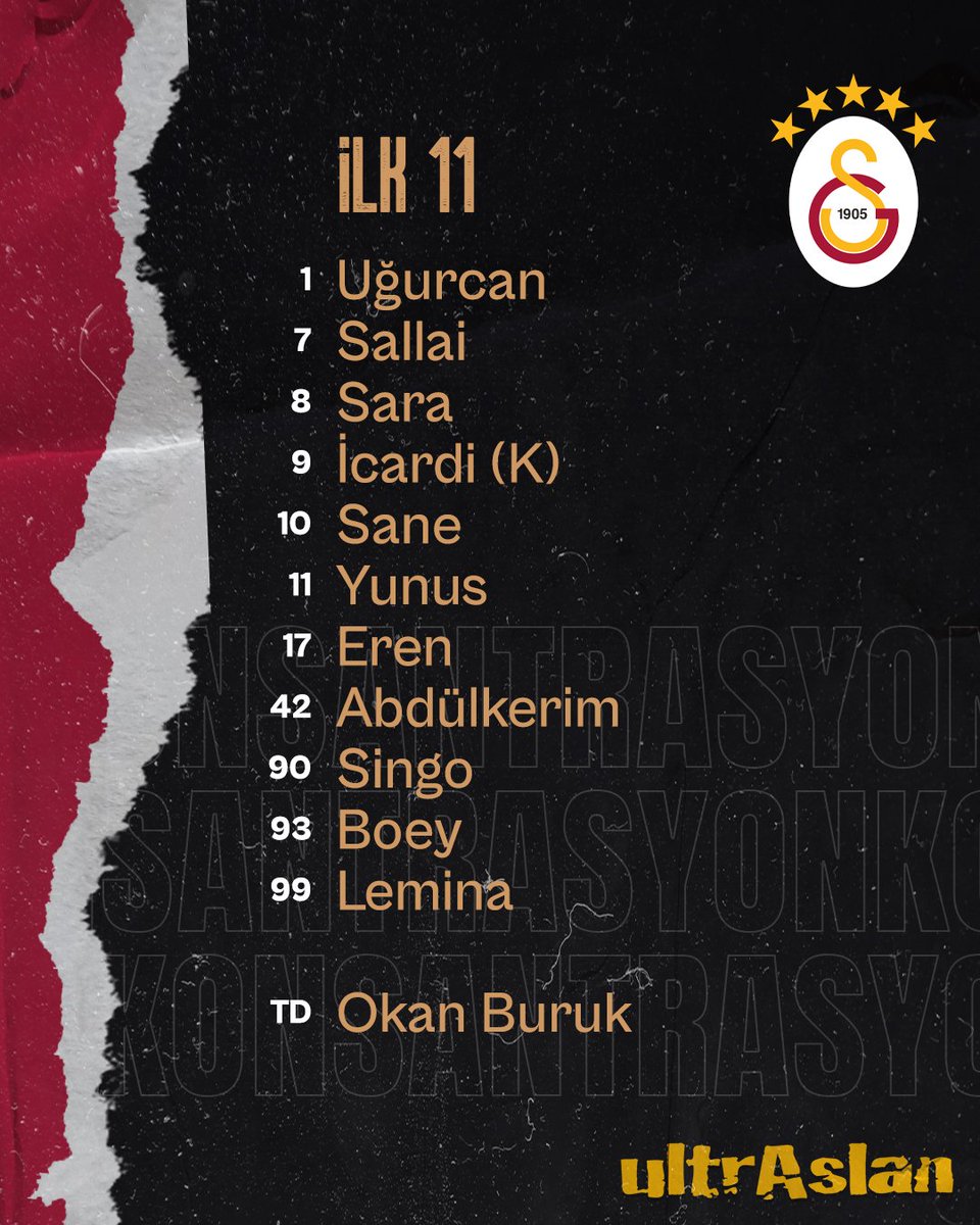 CGulday51660's tweet image. RT @ultrAslan: 🟨🟥 GALATASARAYIMIZIN İLK 11'İ!

#BugünGünlerdenGALATASARAY

#ultrAslan