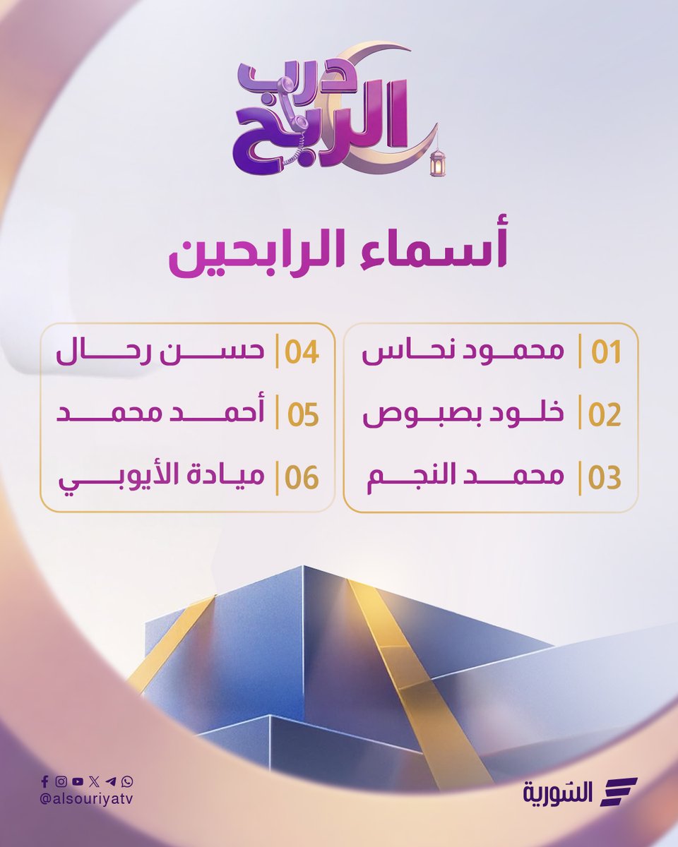 أسماء الرابحين في برنامج درب الربح
اليوم الثاني من رمضان

محمود نحاس
خلود بصبوص
محمد النجم 
حسن رحال
أحمد محمد
ميادة الأيوبي

للاشتراك أرسل "ربح" من أي خط خليوي على 1122

#السورية
#درب_الربح
#رمضان