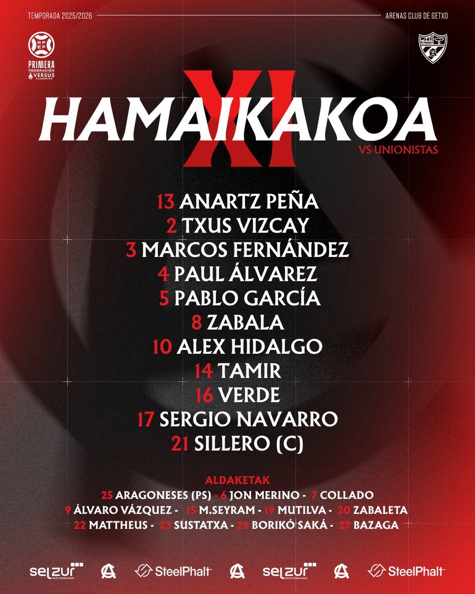 arenas_club1909's tweet photo. 1⃣1⃣ HAMAIKAKOA  #UnionistasArenas 

Esta es la alineación elegida por Jon Erice para el encuentro de hoy. GOAZEN ARENAS!    

#AupaHistorico 
#ArenasClub https://t.co/l8cHInkhNW