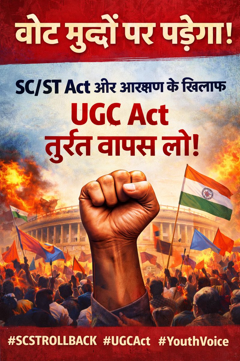 JournalistSnatn's tweet image. सभी राजनीतिक दल ध्यान दें —
जनरल कैटेगरी अब खामोश नहीं रहेगी!
आरक्षण के नाम पर हो रहा अन्याय बंद करो।
जो संसद में SC/ST Act और आरक्षण नीति का विरोध करेगा, समर्थन उसी को मिलेगा।
UGC Act Roll Back करो!
#SCSTROLLBACK #UGCActRollback #EqualRights #India