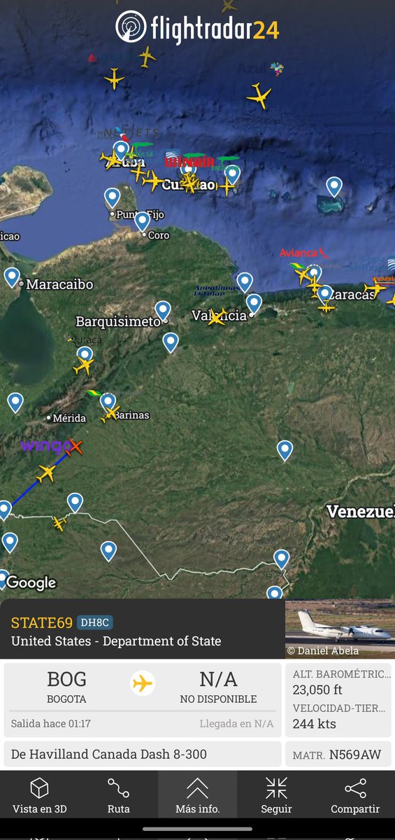 decafe_col's tweet photo. ¿Qué hace un avión del Departamento de Estado de los Estados Unidos viajando a Caracas? 
What is a Department of State plane doing flying to Caracas? 
#State69
#FlightRadar
@flightradar24 https://t.co/urDnyFIYVS