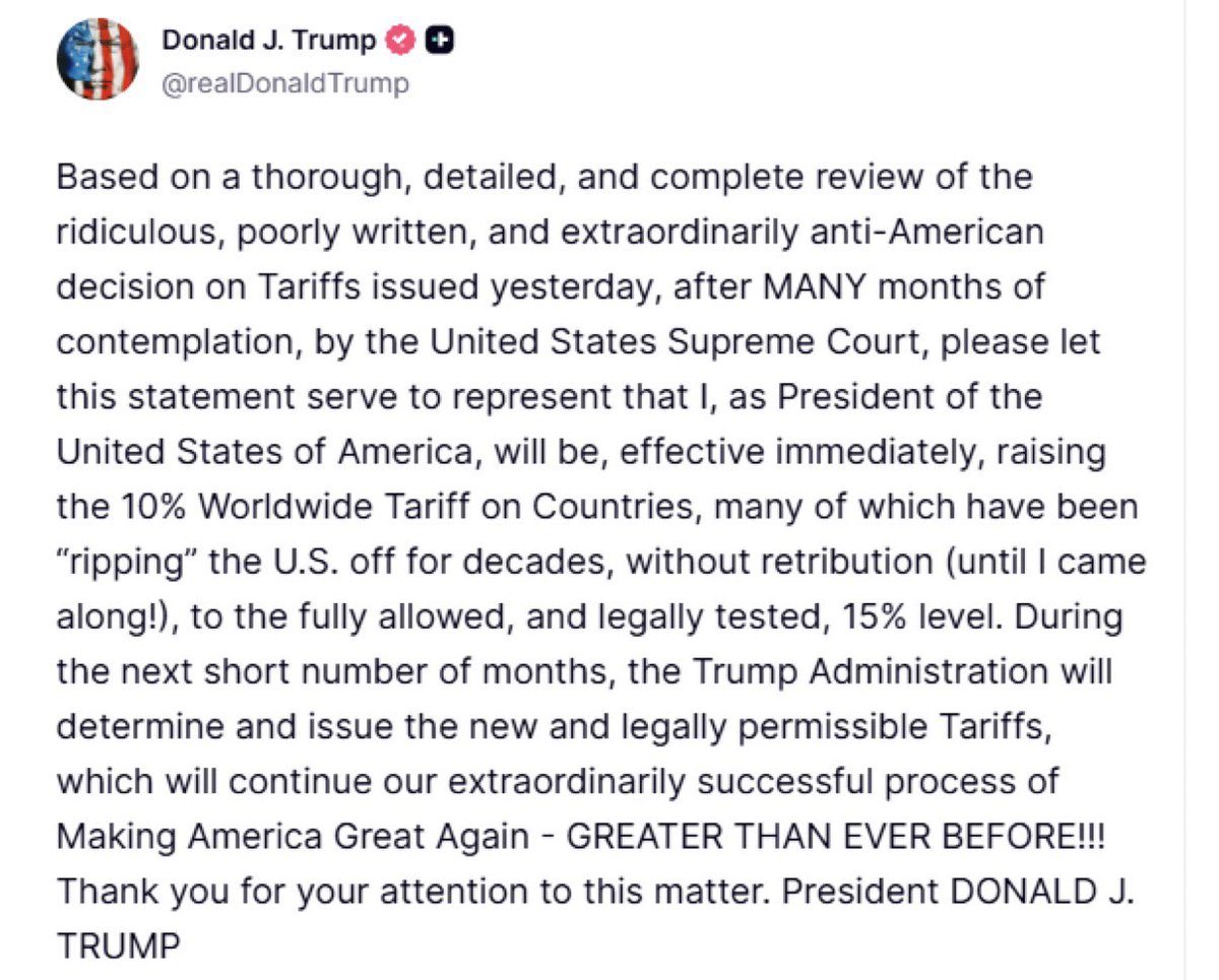 RoyLakshman's tweet image. ट्रंप का नया फरमान: टैरिफ 10% से बढ़ाकर 15% किया
तत्काल प्रभाव से लागू 
अगले कुछ महीनों में नए और कानूनी रूप से मान्य टैरिफ ढांचे की घोषणा होगी
#Trumptariff
#UStariff
#USSupremeCourt 
@CNBC_Awaaz