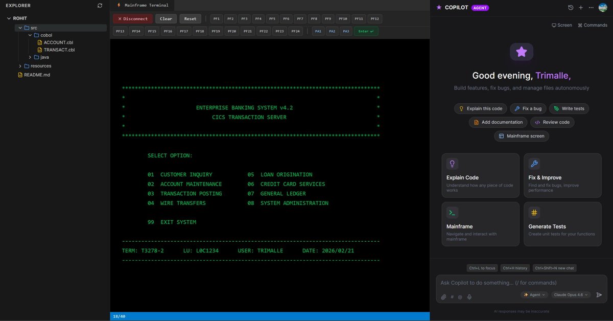 RohitTrimale's tweet photo. Built an AI-powered Mainframe Assistant.

COBOL analysis, JCL validation, spool error detection &amp; COBOL→Java modernization.

Mainframes aren’t outdated. Tooling is.

#Mainframe #Cobol #modernization #AI https://t.co/Zp4cU4XHng