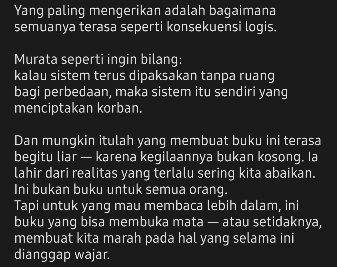 Review :
Sayak Murata - Makhluk Bumi 
⭐️ 5/5

Abis baca ini perasaannya kosong dan marah.