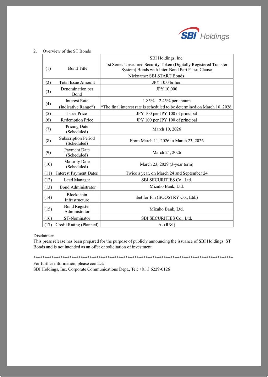🚨BREAKING 🚨
<a href="/sbivc_official/">SBI VC Trade (SBI VCトレード）</a> Holdings is bringing Security Token bonds to retail in Japan 🇯🇵🧾

On chain issuance and management via ibet for Fin ⛓️
Trading planned on START (PTS) beginning Mar 25 📅📈
Eligible bondholders receive $XRP benefits tied to subscription amount 👀💎