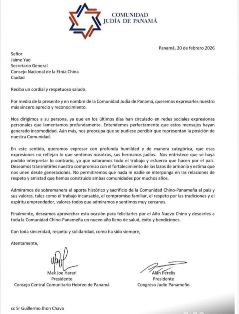 Comunidad judía de Panamá se deslinda de comentarios contra la comunidad China - Panameña.

La Comunidad Judía de Panamá expresó públicamente su respeto y reconocimiento hacia la comunidad chino-panameña y tomó distancia de comentarios que han circulado recientemente en redes