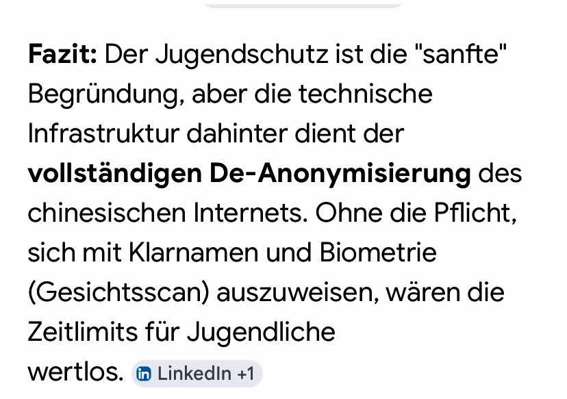 Von wegen Jugendschutz…

„Der Jugendschutz ist die "sanfte" Begründung, aber die technische Infrastruktur dahinter dient der vollständigen De-Anonymisierung des chinesischen Internets.“ (KI-generiert) <a href="/niusde_/">NIUS</a> <a href="/welt/">WELT</a> <a href="/apollo_news_de/">Apollo News</a> <a href="/faznet/">Frankfurter Allgemeine</a>