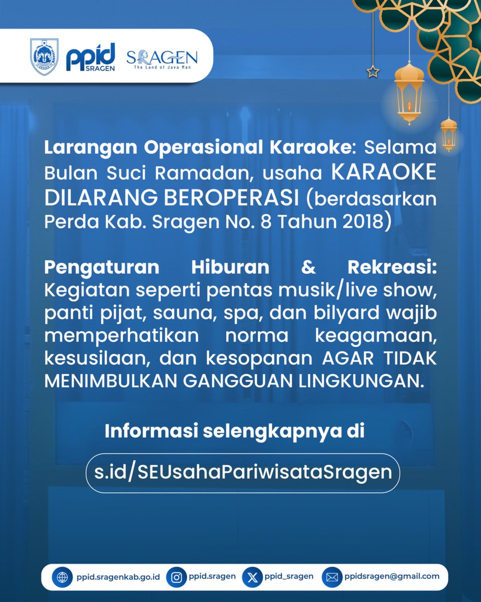 #SobatPPID dalam rangka menciptakan kenyamanan dan keselamatan selama Bulan Ramadan, Pemerintah Kabupaten Sragen menerbitkan Surat Edaran Usaha Pariwisata di Bulan Ramadan (SE No: 500.13.1/220/015/2026).

🔍 Informasi selengkapnya dapat diakses melalui tautan/QR Code berikut.