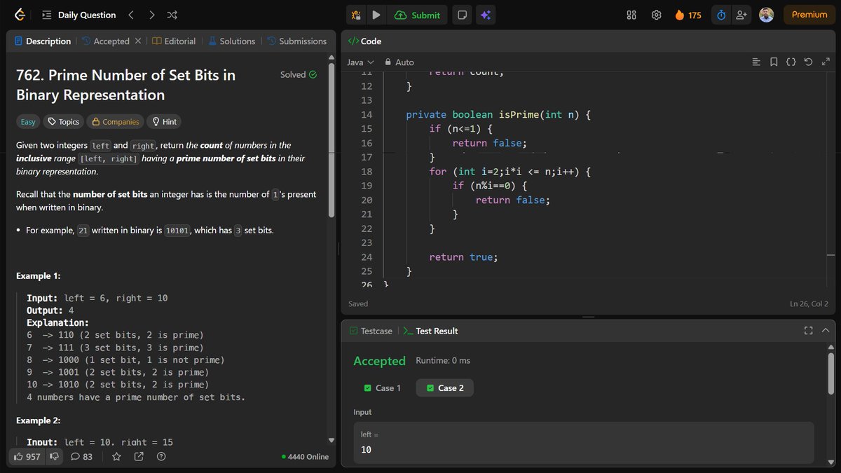 Aditya_Ch_20's tweet photo. Day 175 ✅

Solved Prime Number of Set Bits in Binary Representation today.

O(n log n) overall.

#LeetCode #DSA #Java #BitManipulation #ProblemSolving #DailyPractice https://t.co/JPUIFZqw2d
