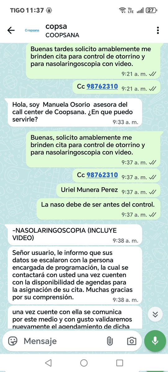 umunerap's tweet photo. @epssura por favor me ayudan cambiando de prestador, coopsana nunca tiene citas para otorrino, no es la primera vez que pasa. Adjunto respuesta de la ips. El control lo debo de hacer cada mes y siempre  es lo mismo, siempre dicen no tener citas. Uriel Munera cc 98762310 cel 313 https://t.co/CoRzTxoP14
