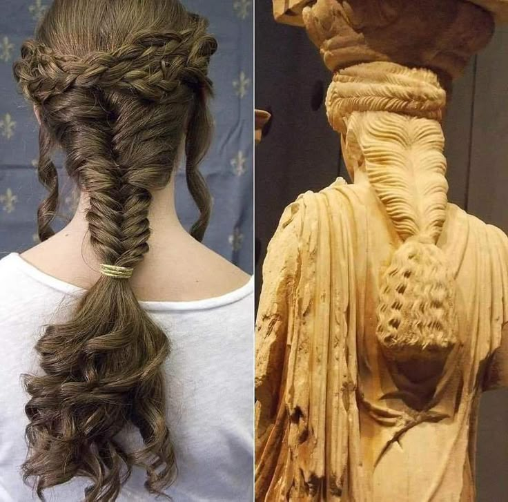 The intricate braided hairstyles found on the Caryatids, the 2,500-year-old marble statues that serve as architectural columns for the Erechtheion temple on the Acropolis of Athens.