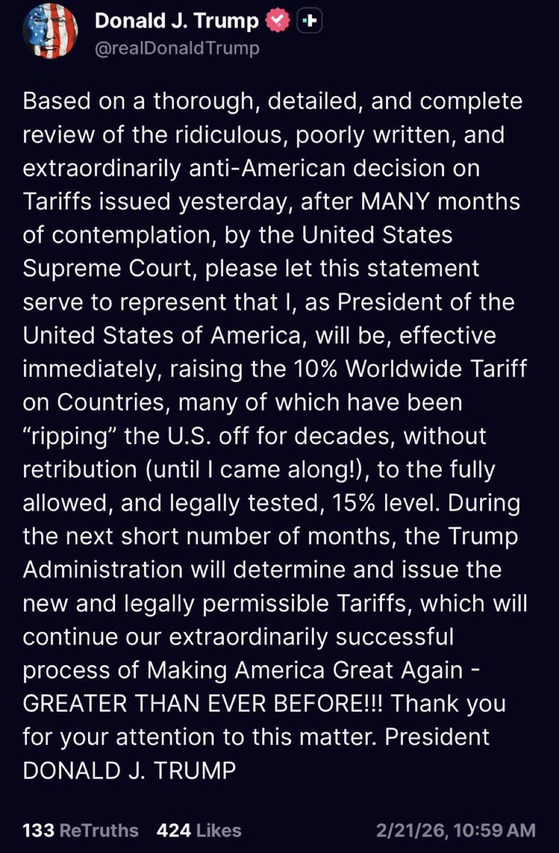 This is the Doctrine of Economic Security — and it is here to stay.

President <a href="/realDonaldTrump/">Donald J. Trump</a> raises the 10% worldwide tariff and reinforces non-tariff barriers.

This is not protectionism.
This is chess.