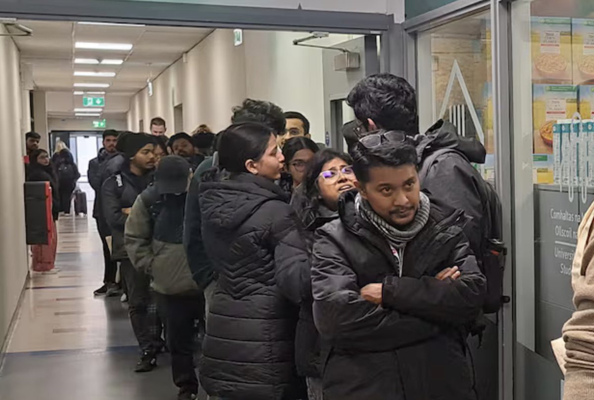cosmorxn's tweet image. This is the queue for the University of Galway students’ union food pantry, where genuinely needy students can get some basics.

The entire queue, as far as I can tell, is Indian.

This erosion of social trust will eventually destroy the program.