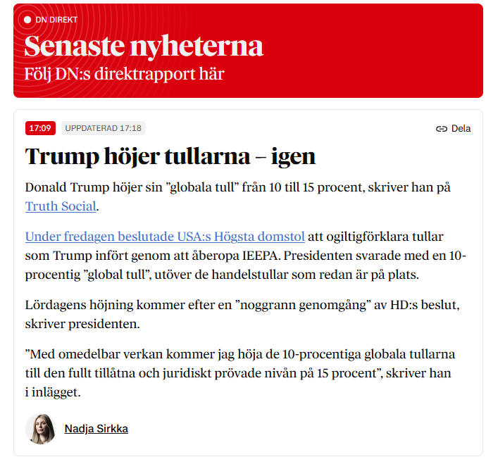 Trump är verkligen ett barn, får inte som han vill, straffar alla Amerikaner med 15% extra tullar. 

Nu minst 25% på allt. 

Europa kan drömma om att få exportera något nu. Likaväl klippa av USA's handel till fullo inkl. tjänster.