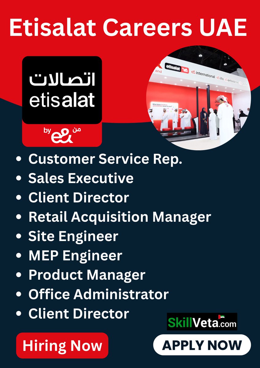 SkillVeta's tweet photo. 📡 Etisalat UAE Careers 2026 – Hiring Now

Exciting openings in customer service, sales &amp; technical support across Dubai, Sharjah, Ajman &amp; Abu Dhabi.
💰 Salary: AED 2,500 – 6,500 / month

👉 Apply Now: https://t.co/eSehFepfVv
#EtisalatCareers #DubaiJobs #UAECareers #TelecomJobs https://t.co/khkWMMzcex
