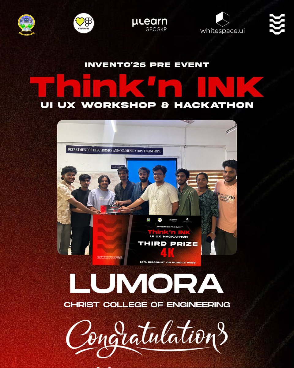 MulearnGecPkd's tweet photo. 🏆 And the winners are here!
Big cheers to the brilliant minds who stood out at Think’n Ink UI/UX Hackathon 👏✨

Your designs truly inspired us! 🎨💡
#ThinknInk #UIUXHackathon #Invento26 https://t.co/dRy9u9QSEe
